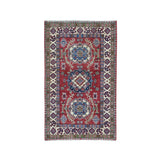 Shahbanu Rugs Blue Geometric Design Kazak Pure Wool Hand-Knotted Oriental Rug (3'3" x 4'5") - 3'3" x 4'5"