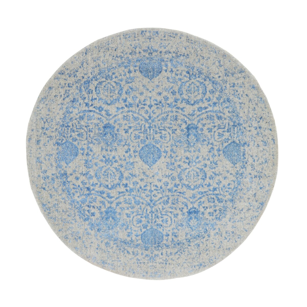 Shahbanu Rugs Blue Jacquard Hand Loomed Wool and Art Silk Pomegranate Design Round Oriental Rug (5'10" x 5'10") - 5'10" x 5'10"
