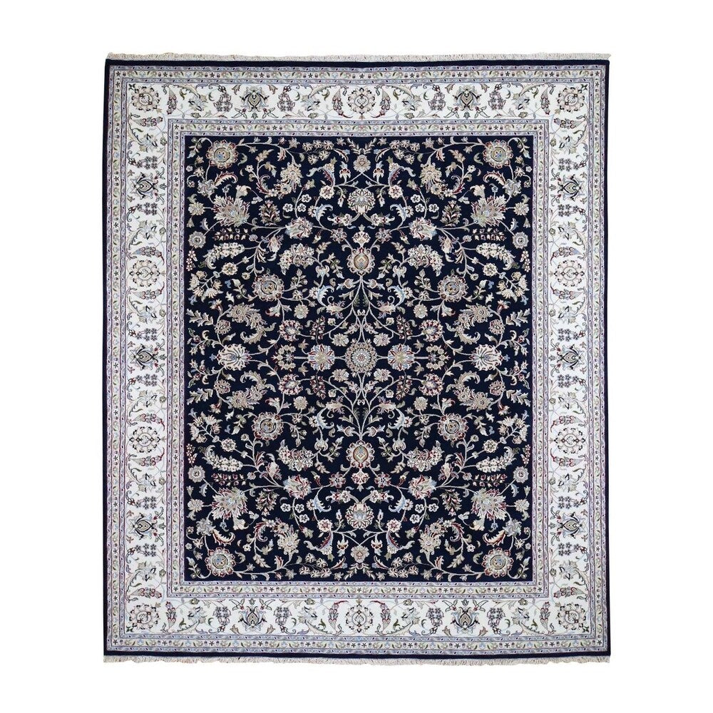 Shahbanu Rugs Blue Nain Wool And Silk All Over Design 250 KPSI Hand Knotted Oriental Rug (8'0" x 10'2") - 8'0" x 10'2"