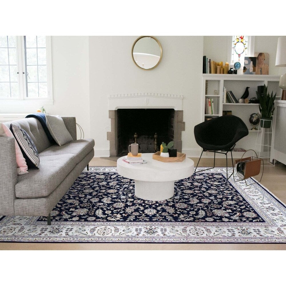 Shahbanu Rugs Blue Nain Wool And Silk All Over Design 250 KPSI Hand Knotted Oriental Rug (8'0" x 10'2") - 8'0" x 10'2"