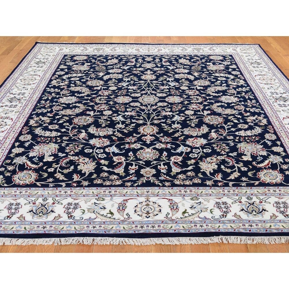 Shahbanu Rugs Blue Nain Wool And Silk All Over Design 250 KPSI Hand Knotted Oriental Rug (8'0" x 10'2") - 8'0" x 10'2"