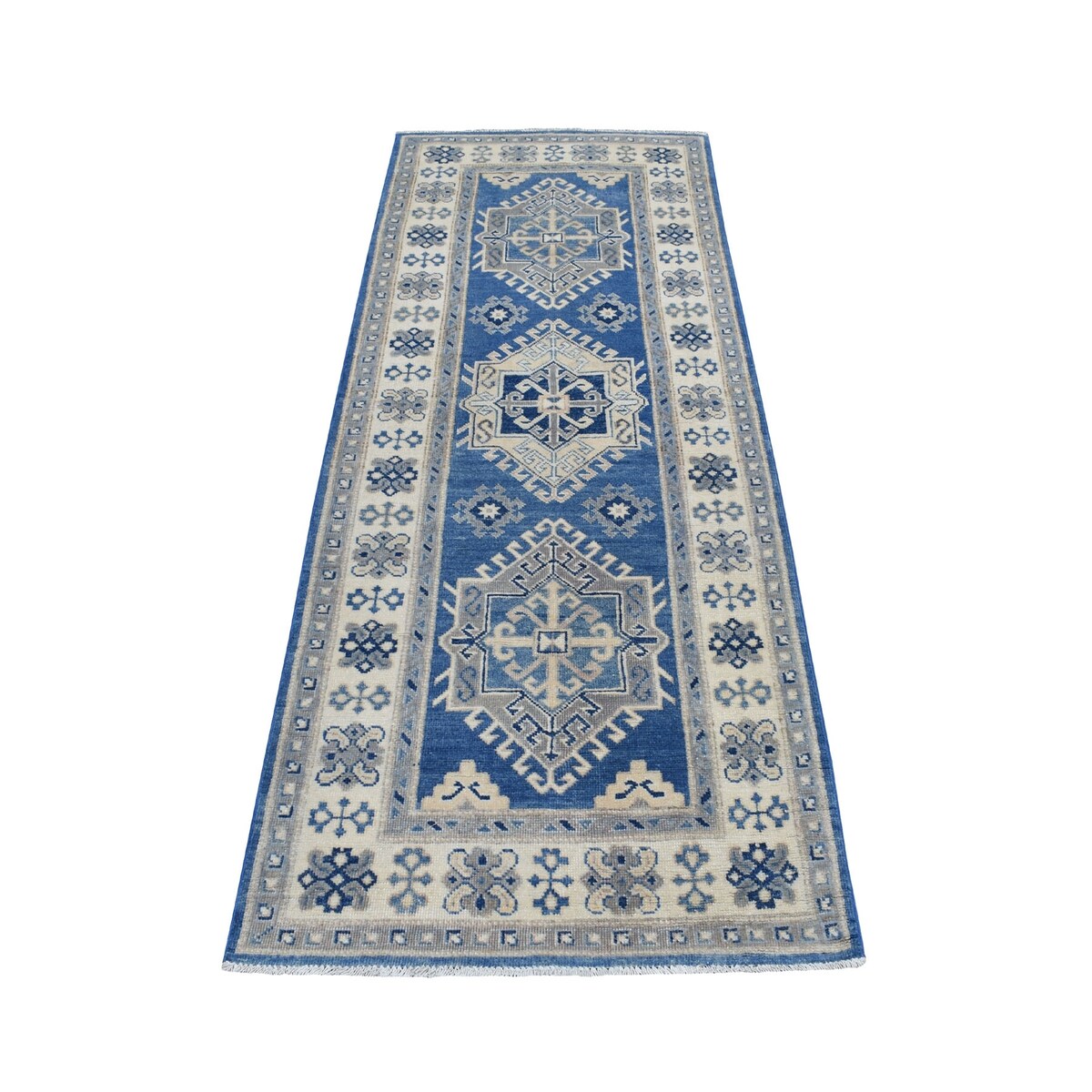 Shahbanu Rugs Blue Organic Wool Vintage Look Kazak Hand Knotted Runner Oriental Rug (2'8" x 7'0") - 2'8" x 7'0" - 2'8" x 7'0"