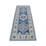 Shahbanu Rugs Blue Organic Wool Vintage Look Kazak Hand Knotted Runner Oriental Rug (2'8" x 7'0") - 2'8" x 7'0" - 2'8" x 7'0"