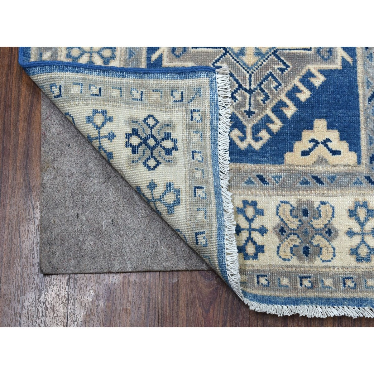 Shahbanu Rugs Blue Organic Wool Vintage Look Kazak Hand Knotted Runner Oriental Rug (2'8" x 7'0") - 2'8" x 7'0" - 2'8" x 7'0"