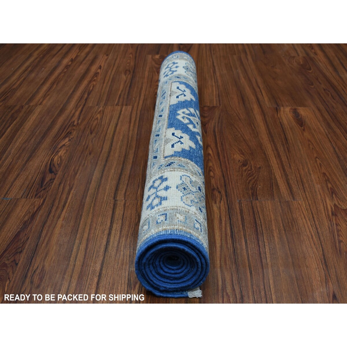 Shahbanu Rugs Blue Organic Wool Vintage Look Kazak Hand Knotted Runner Oriental Rug (2'8" x 7'0") - 2'8" x 7'0" - 2'8" x 7'0"