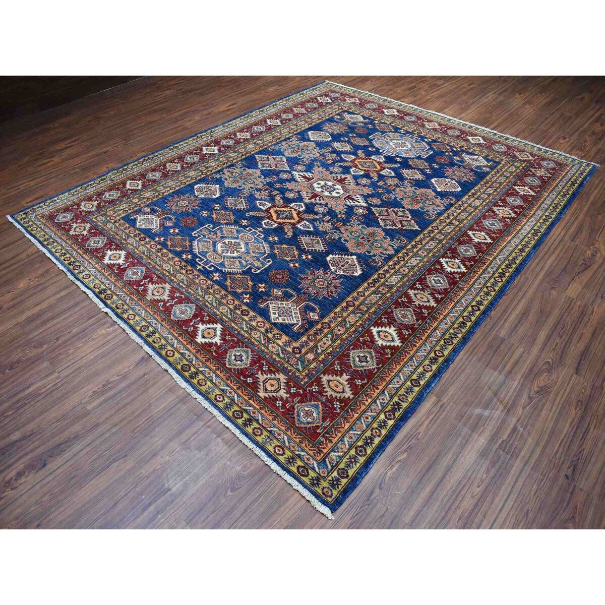 Shahbanu Rugs Blue Super Kazak Afghan Wool Geometric Design Hand Knotted Oriental Rug (8'3" x 9'9") - 8'3" x 9'9"