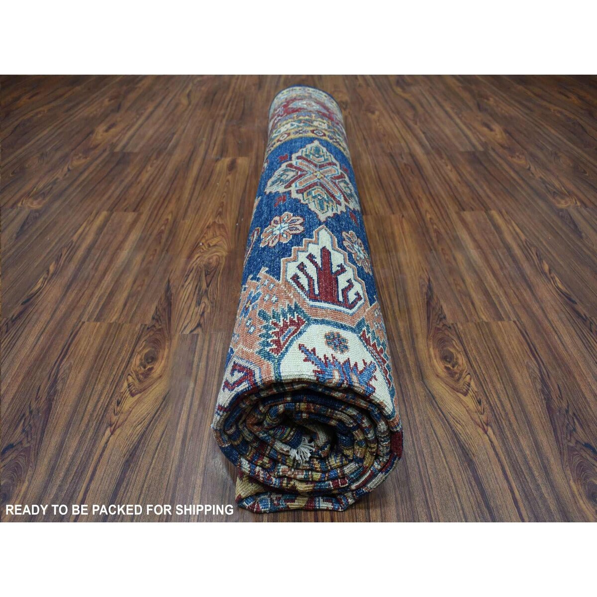 Shahbanu Rugs Blue Super Kazak Afghan Wool Geometric Design Hand Knotted Oriental Rug (8'3" x 9'9") - 8'3" x 9'9"