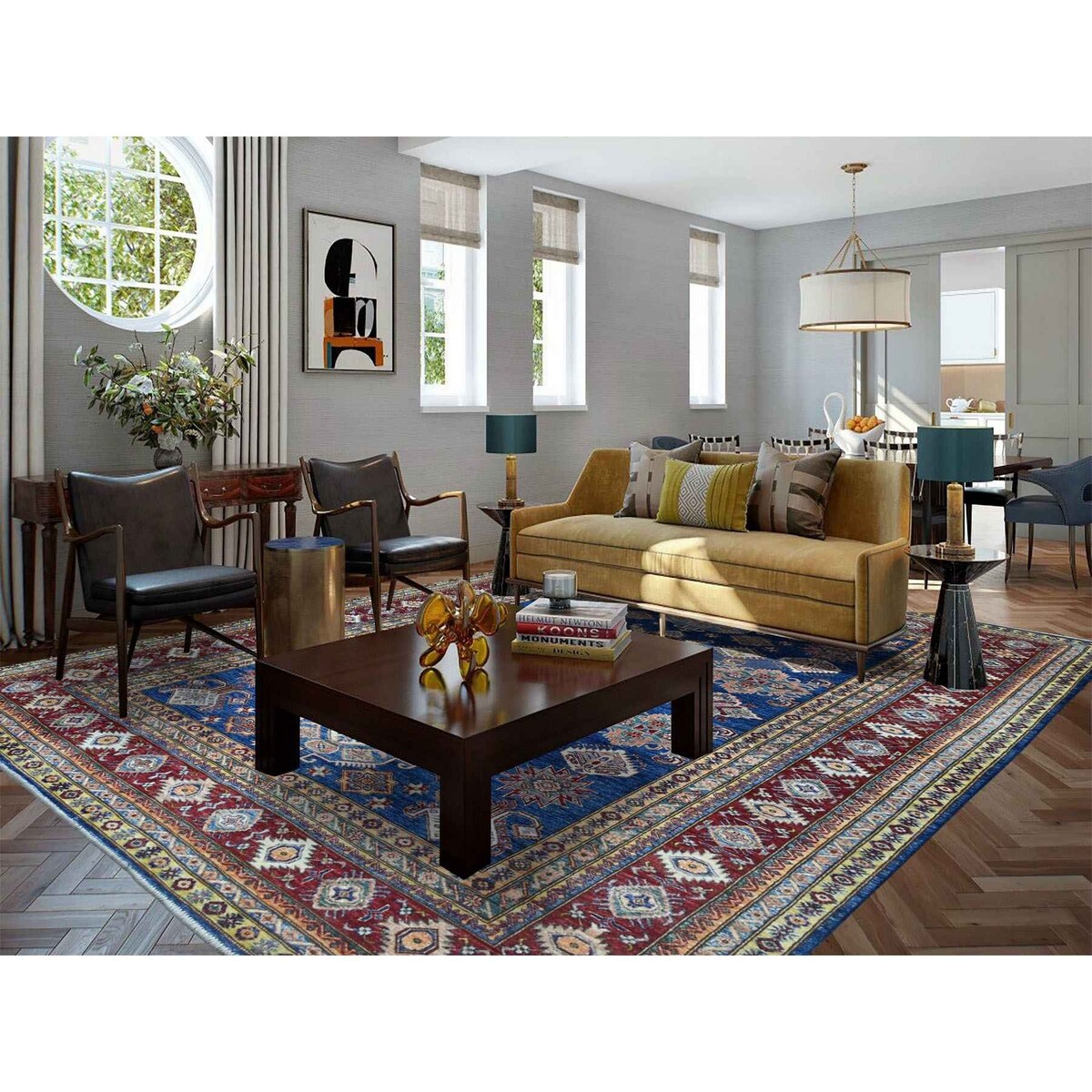 Shahbanu Rugs Blue Super Kazak Afghan Wool Geometric Design Hand Knotted Oriental Rug (8'3" x 9'9") - 8'3" x 9'9"
