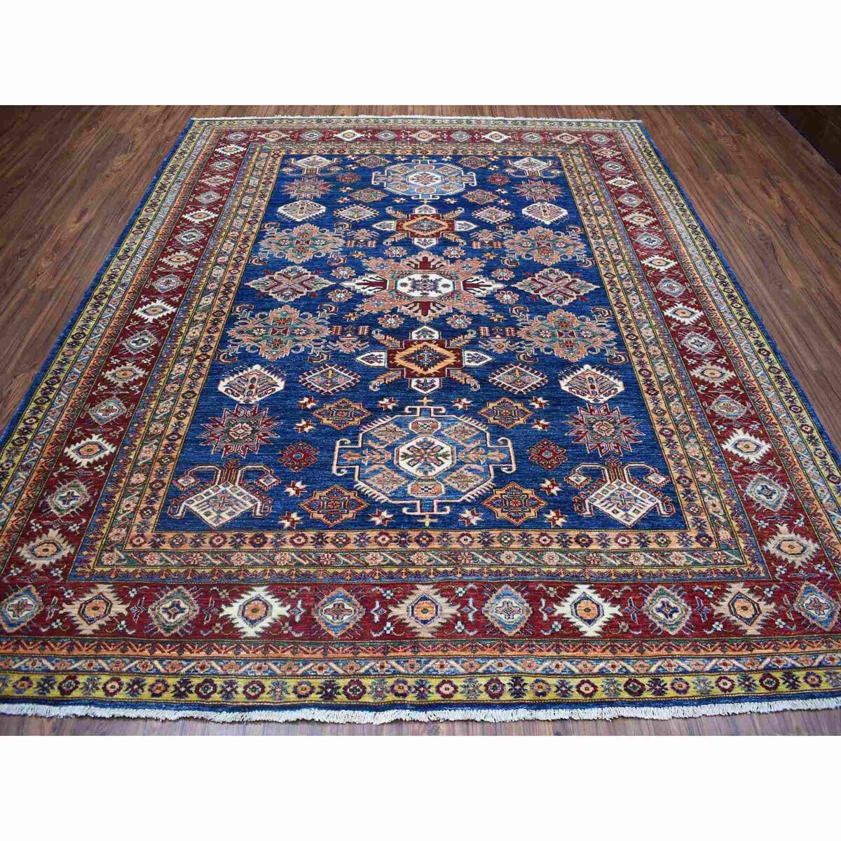 Shahbanu Rugs Blue Super Kazak Afghan Wool Geometric Design Hand Knotted Oriental Rug (8'3" x 9'9") - 8'3" x 9'9"