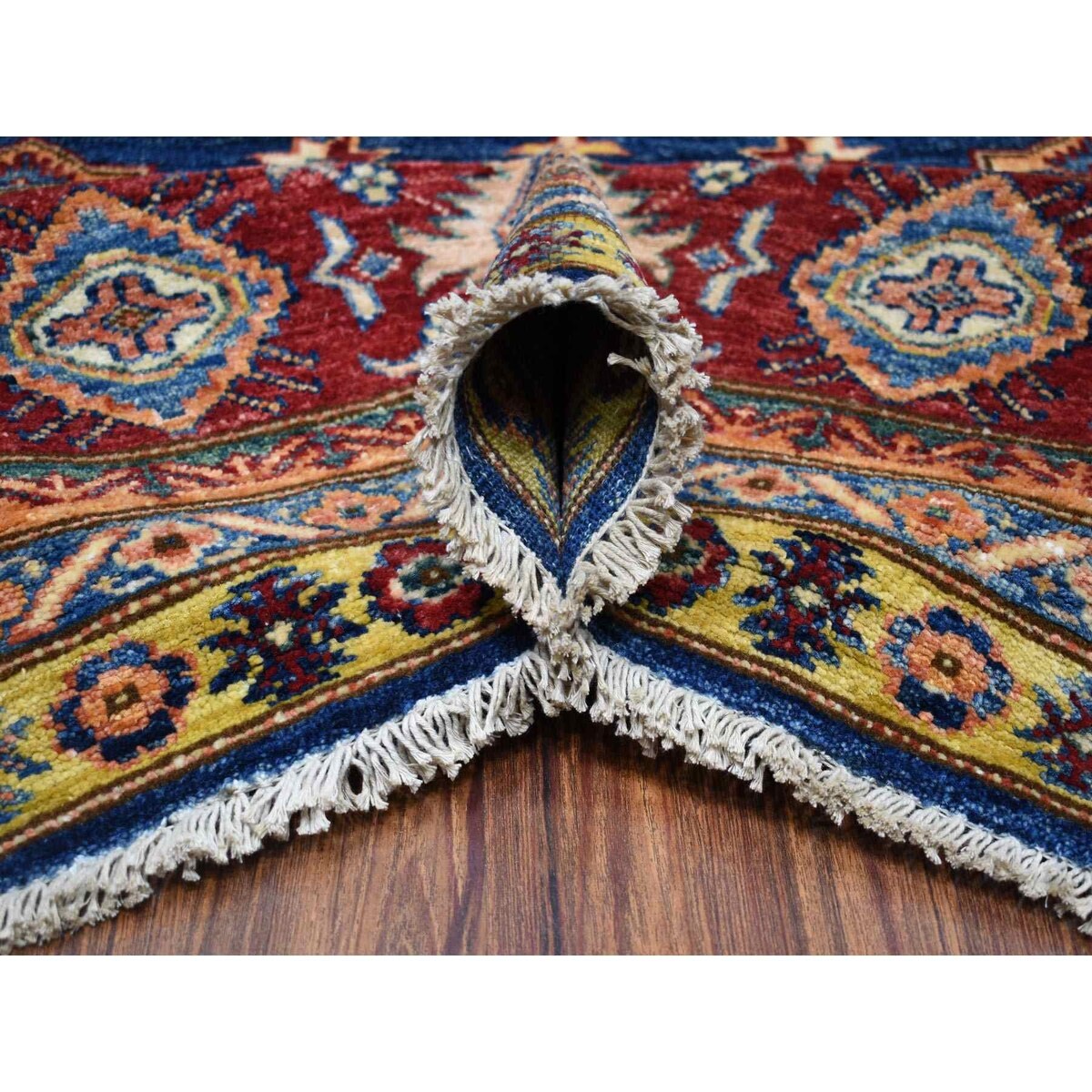 Shahbanu Rugs Blue Super Kazak Afghan Wool Geometric Design Hand Knotted Oriental Rug (8'3" x 9'9") - 8'3" x 9'9"