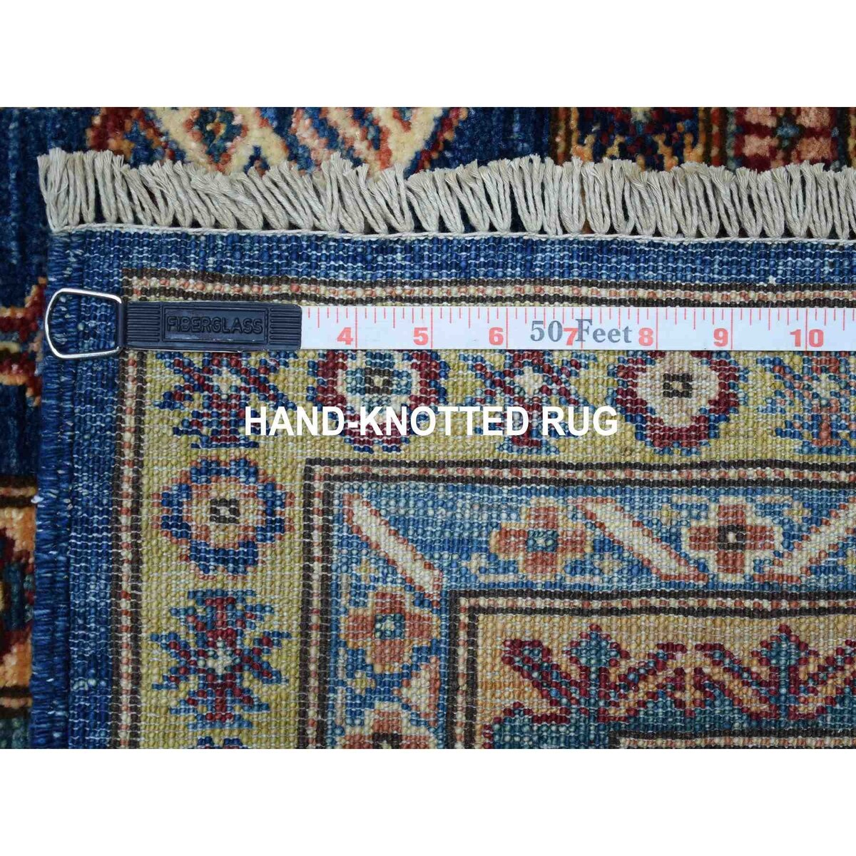 Shahbanu Rugs Blue Super Kazak Afghan Wool Geometric Design Hand Knotted Oriental Rug (8'3" x 9'9") - 8'3" x 9'9"