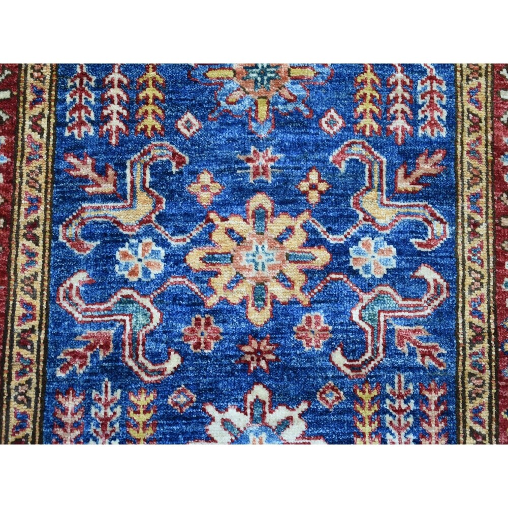 Shahbanu Rugs Blue Super Kazak Geometric Design Pure Wool Hand-Knotted Runner Rug (2'6" x 8'6") - 2'6" x 8'6"