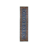 Shahbanu Rugs Blue Super Kazak Geometric Design Pure Wool Hand-Knotted Runner Rug (2'6" x 8'6") - 2'6" x 8'6"