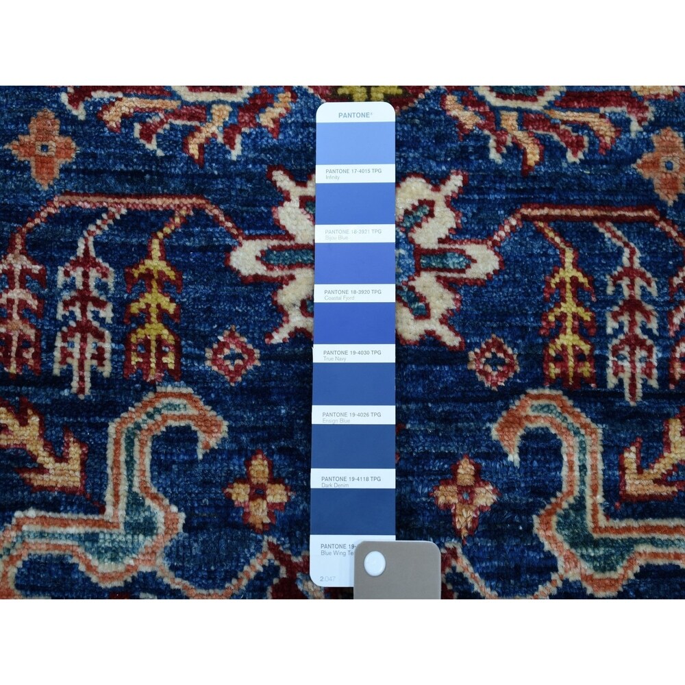 Shahbanu Rugs Blue Super Kazak Geometric Design Pure Wool Hand-Knotted Runner Rug (2'6" x 8'6") - 2'6" x 8'6"
