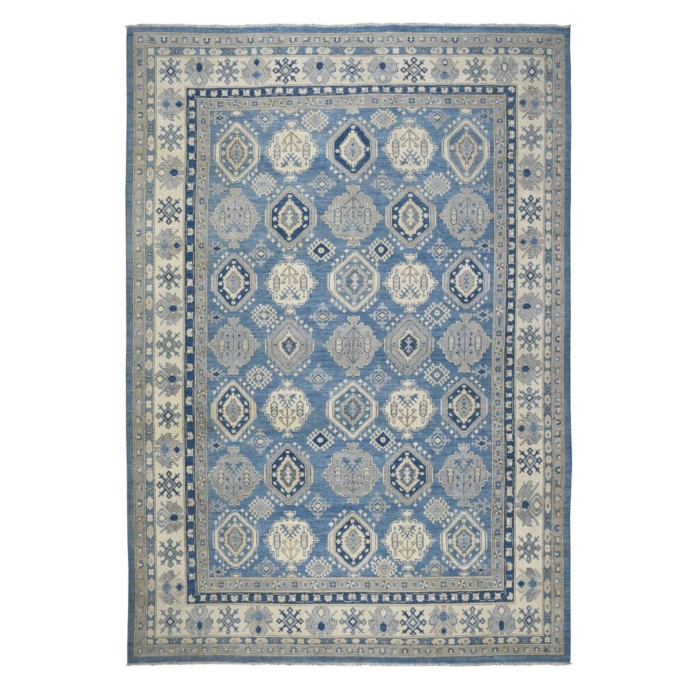 Shahbanu Rugs Blue Vintage Look Kazak All Over Design Pure Wool Hand Knotted Oriental Rug (9'10" x 13'7") - 9'10" x 13'7"