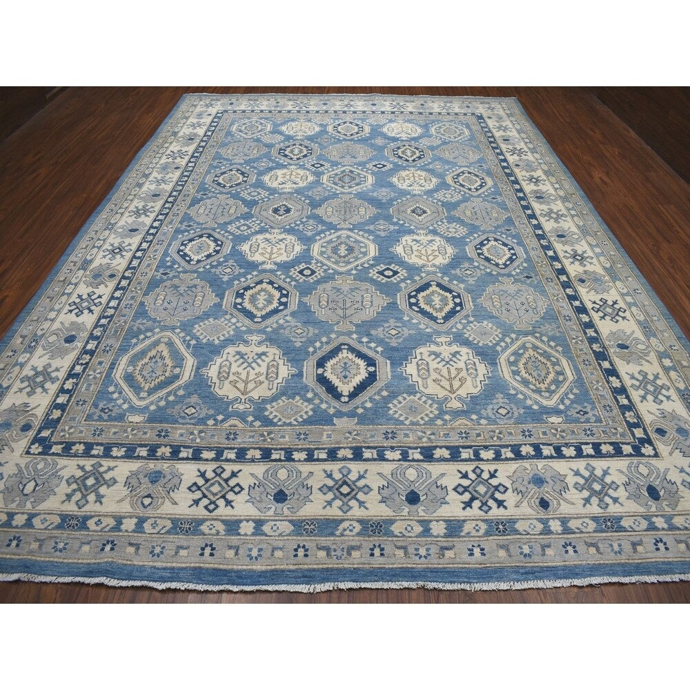 Shahbanu Rugs Blue Vintage Look Kazak All Over Design Pure Wool Hand Knotted Oriental Rug (9'10" x 13'7") - 9'10" x 13'7"