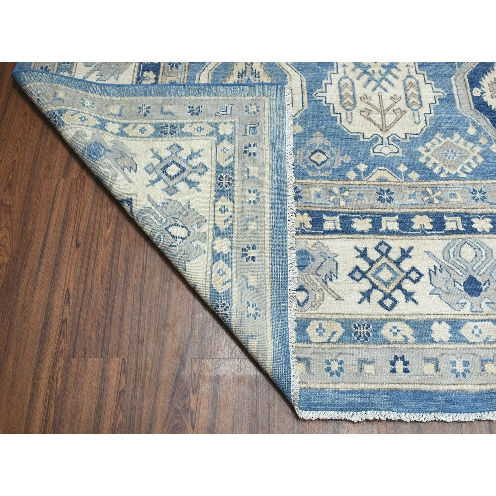 Shahbanu Rugs Blue Vintage Look Kazak All Over Design Pure Wool Hand Knotted Oriental Rug (9'10" x 13'7") - 9'10" x 13'7"