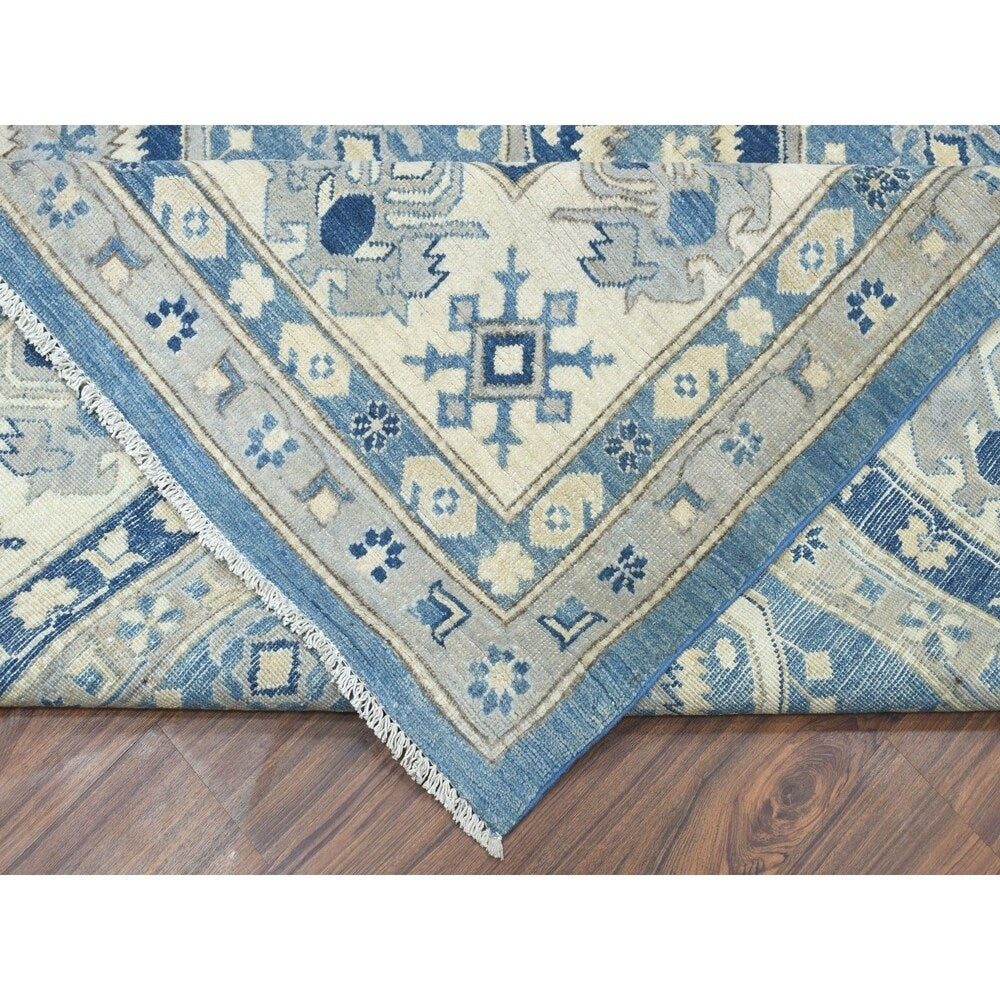 Shahbanu Rugs Blue Vintage Look Kazak All Over Design Pure Wool Hand Knotted Oriental Rug (9'10" x 13'7") - 9'10" x 13'7"