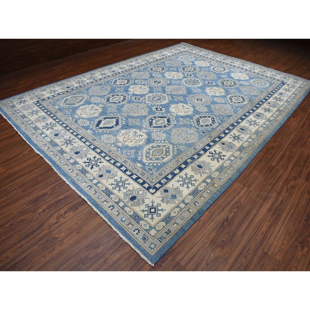 Shahbanu Rugs Blue Vintage Look Kazak All Over Design Pure Wool Hand Knotted Oriental Rug (9'10" x 13'7") - 9'10" x 13'7"