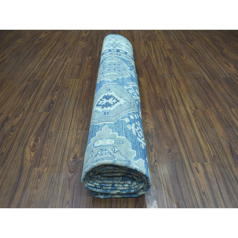 Shahbanu Rugs Blue Vintage Look Kazak All Over Design Pure Wool Hand Knotted Oriental Rug (9'10" x 13'7") - 9'10" x 13'7"