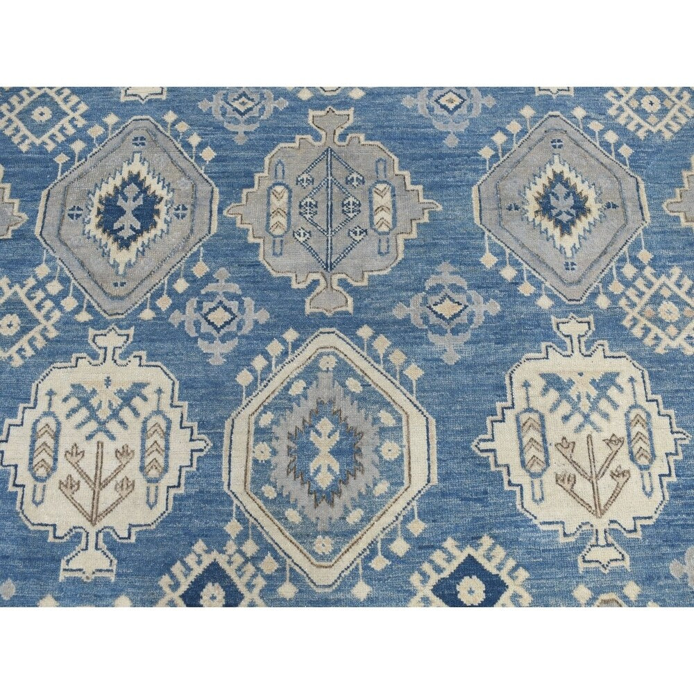 Shahbanu Rugs Blue Vintage Look Kazak All Over Design Pure Wool Hand Knotted Oriental Rug (9'10" x 13'7") - 9'10" x 13'7"