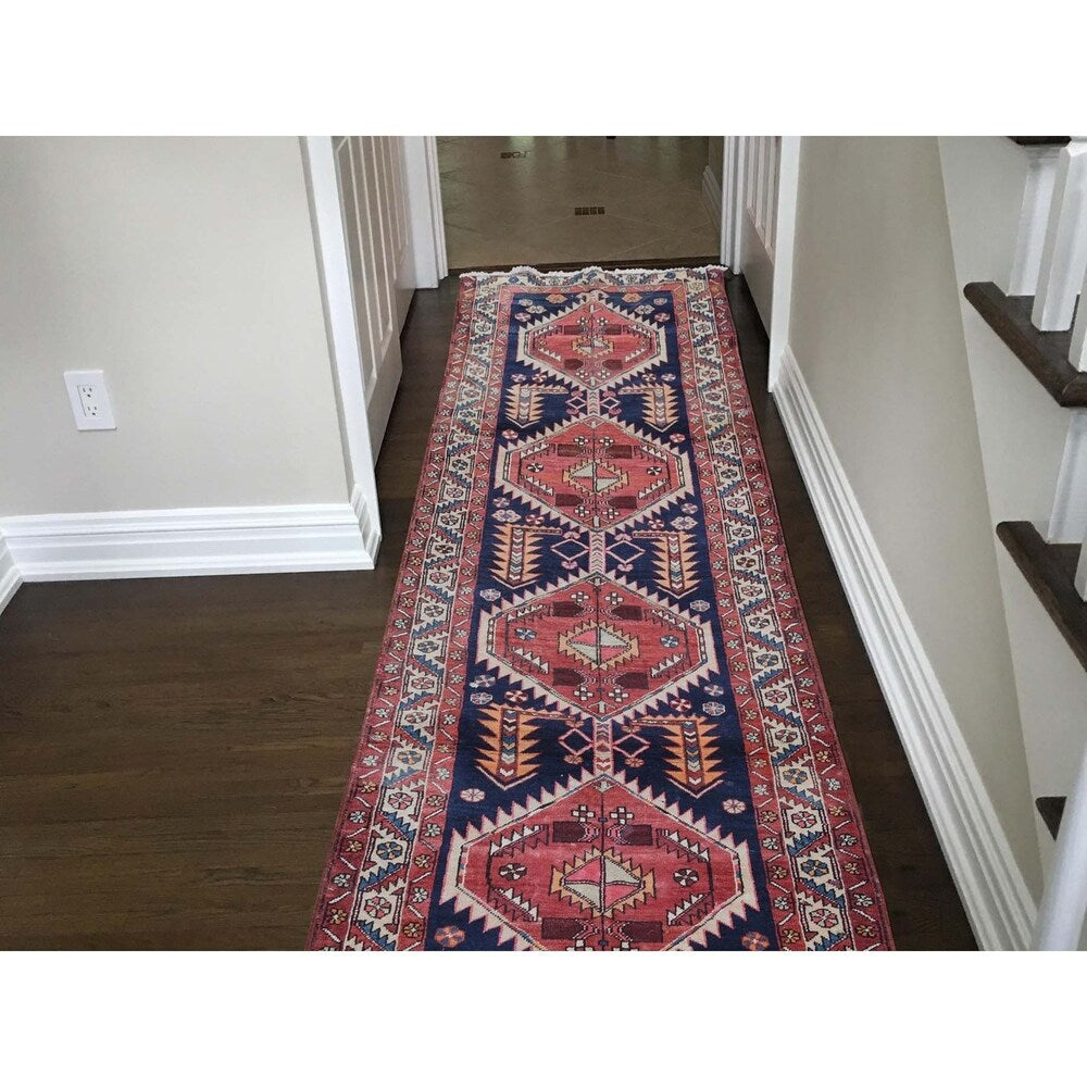 Shahbanu Rugs Blue Vintage North West Persian Serab Wide Runner Hand-Knotted Rug (3'5" x 10'3") - 3'5" x 10'3"
