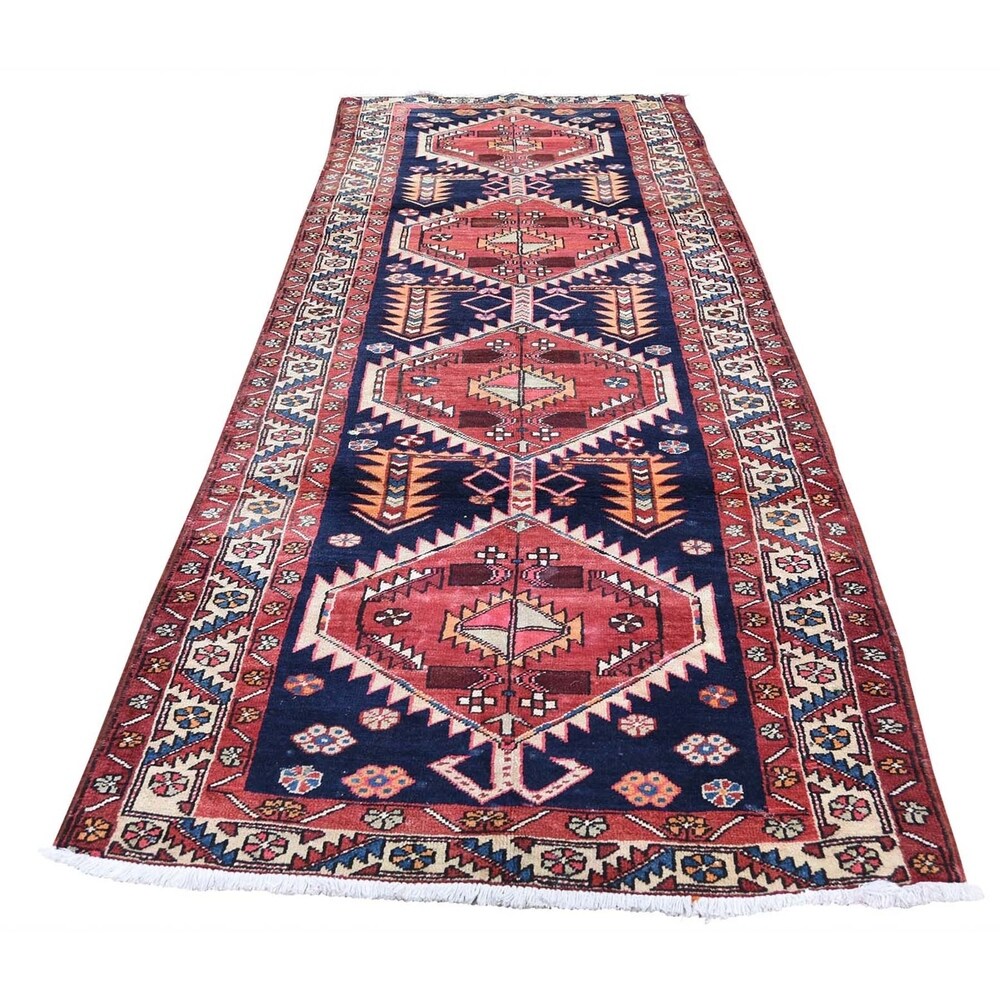 Shahbanu Rugs Blue Vintage North West Persian Serab Wide Runner Hand-Knotted Rug (3'5" x 10'3") - 3'5" x 10'3"