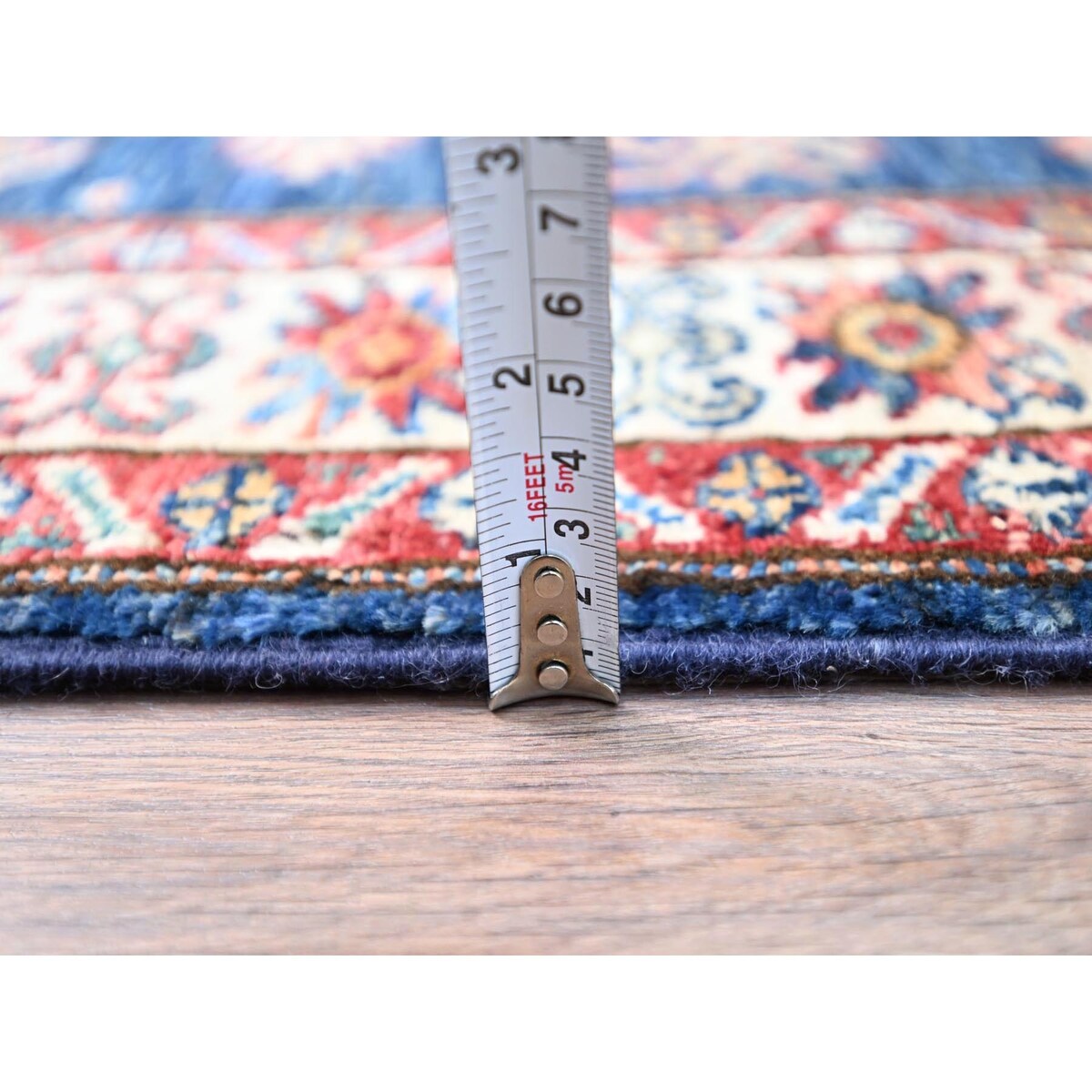 Shahbanu Rugs Broncos Blue Hand Knotted Pure Wool Afghan Super Kazak Natural Dyes Tribal Geometric Pattern Runner Rug 2'6"x6'8"