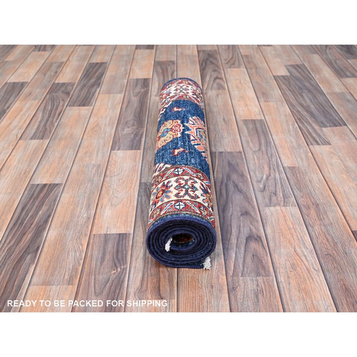 Shahbanu Rugs Broncos Blue Hand Knotted Pure Wool Afghan Super Kazak Natural Dyes Tribal Geometric Pattern Runner Rug 2'6"x6'8"