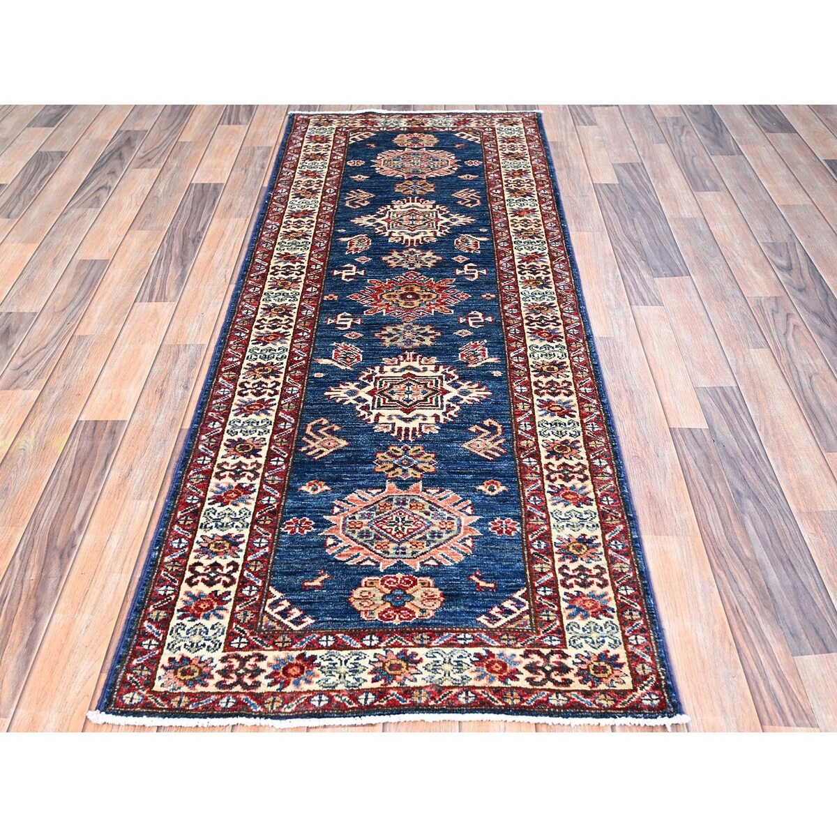 Shahbanu Rugs Broncos Blue Hand Knotted Pure Wool Afghan Super Kazak Natural Dyes Tribal Geometric Pattern Runner Rug 2'6"x6'8"