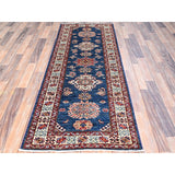 Shahbanu Rugs Broncos Blue Hand Knotted Pure Wool Afghan Super Kazak Natural Dyes Tribal Geometric Pattern Runner Rug 2'6"x6'8"