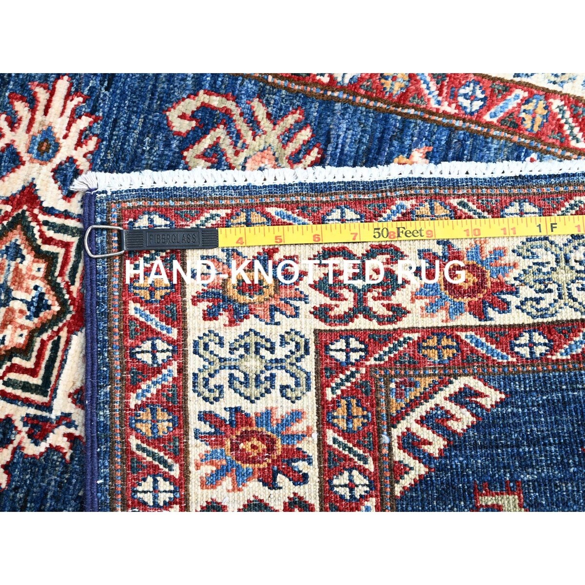 Shahbanu Rugs Broncos Blue Hand Knotted Pure Wool Afghan Super Kazak Natural Dyes Tribal Geometric Pattern Runner Rug 2'6"x6'8"