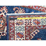Shahbanu Rugs Broncos Blue Hand Knotted Pure Wool Afghan Super Kazak Natural Dyes Tribal Geometric Pattern Runner Rug 2'6"x6'8"