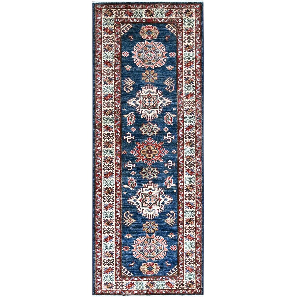 Shahbanu Rugs Broncos Blue Hand Knotted Pure Wool Afghan Super Kazak Natural Dyes Tribal Geometric Pattern Runner Rug 2'6"x6'8"
