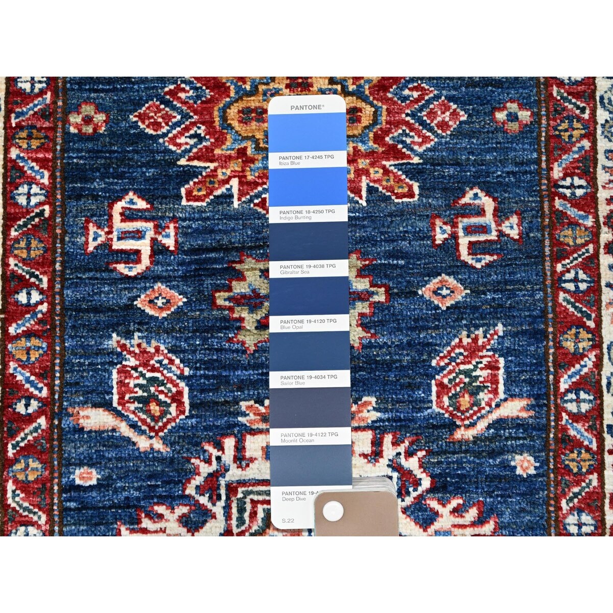 Shahbanu Rugs Broncos Blue Hand Knotted Pure Wool Afghan Super Kazak Natural Dyes Tribal Geometric Pattern Runner Rug 2'6"x6'8"