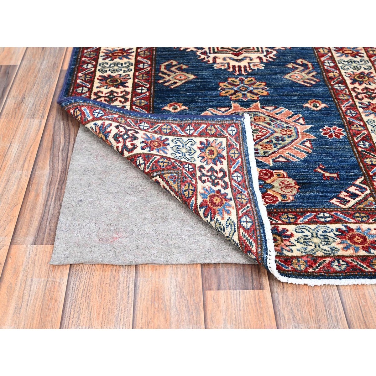Shahbanu Rugs Broncos Blue Hand Knotted Pure Wool Afghan Super Kazak Natural Dyes Tribal Geometric Pattern Runner Rug 2'6"x6'8"