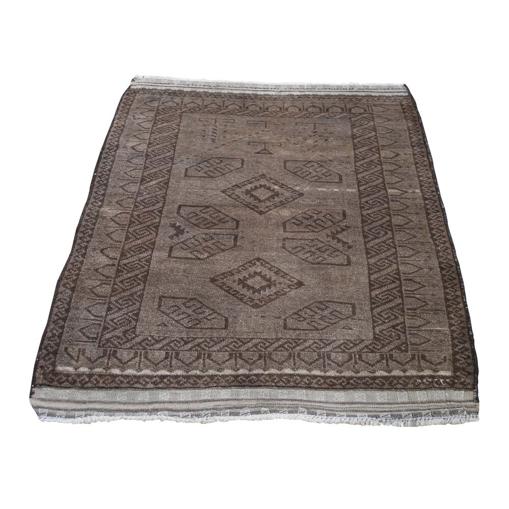 Shahbanu Rugs Brown Vintage Afghan Baluch Natural Colors Hand-Knotted Pure Wool Rug (2'9" x 4'0") - 2'9" x 4'0"