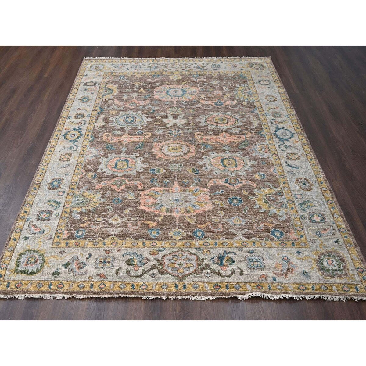 Shahbanu Rugs Brown, Hand Knotted, Pure Wool, Supple Collection Thick and Plush, Oushak Design, Oriental Rug (9'0" x 11'10")