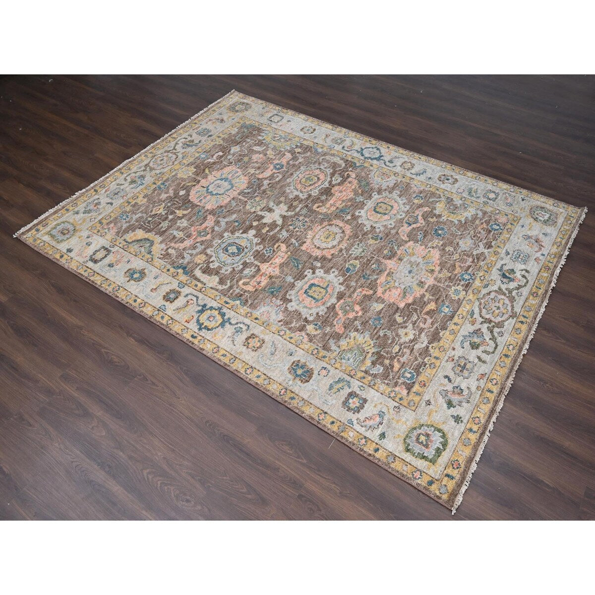 Shahbanu Rugs Brown, Hand Knotted, Pure Wool, Supple Collection Thick and Plush, Oushak Design, Oriental Rug (9'0" x 11'10")