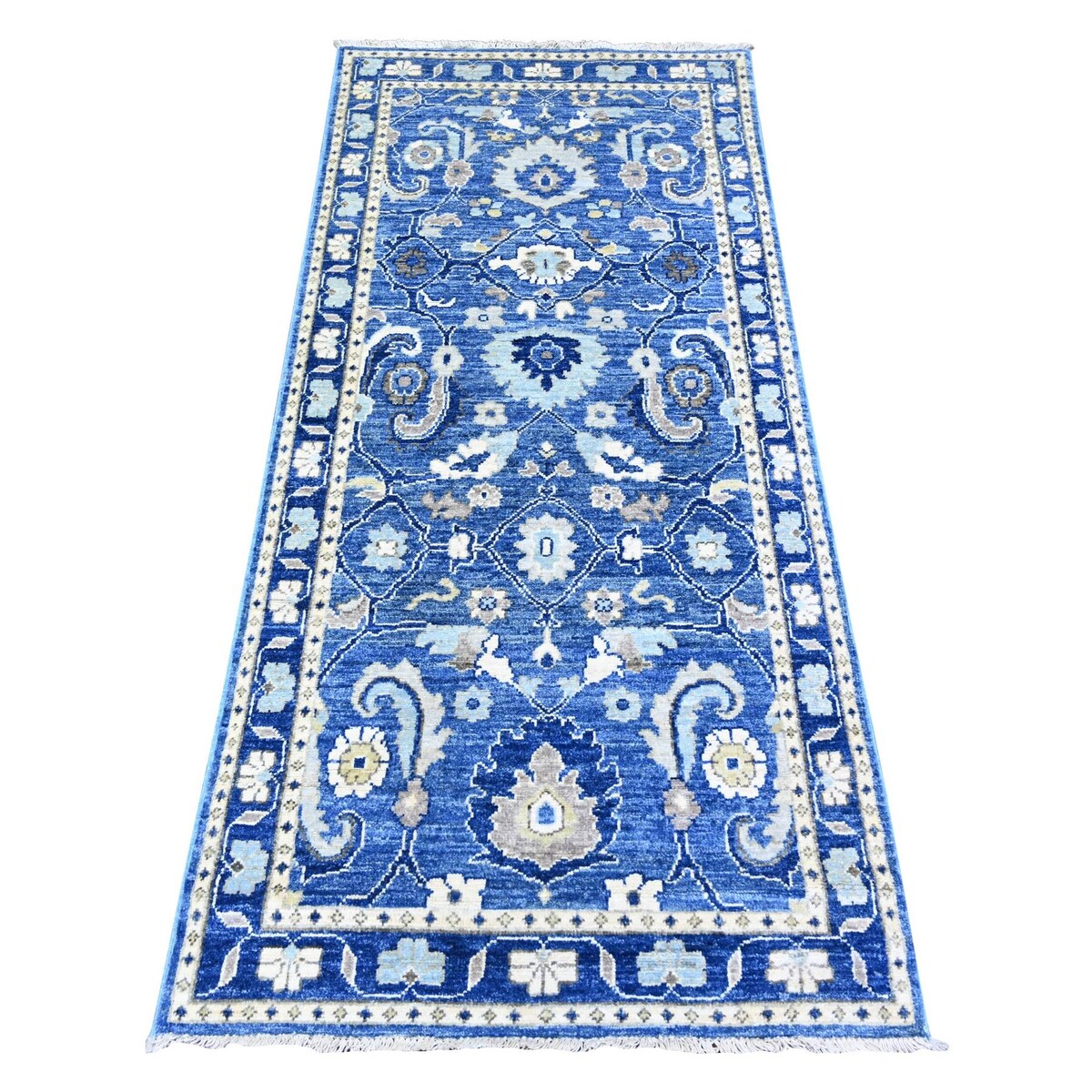 Shahbanu Rugs Byzantine and Brewers Blue 100% Wool Hand Knotted Peshawar with Sultanabad All Over Design Rug (2'9" x 6'0")