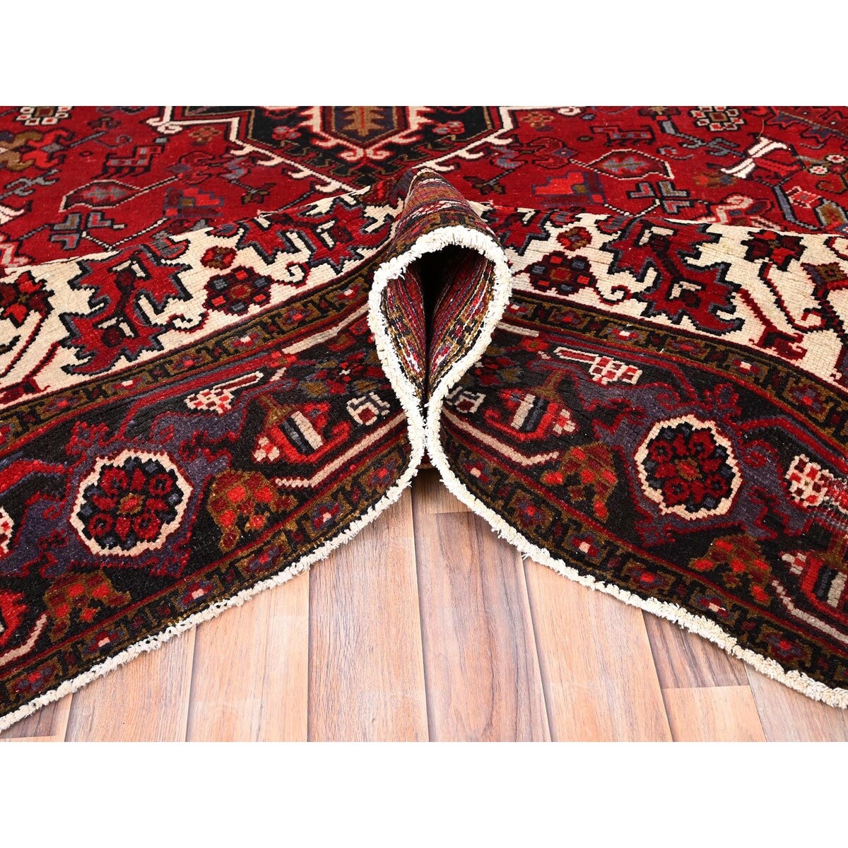 Shahbanu Rugs Cardinals Red Worn Wool Hand Knotted Semi Antique Persian Heriz Good Condition Rustic Look Rug (9'8" x 13'0")