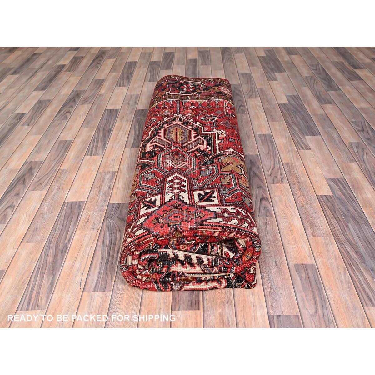 Shahbanu Rugs Cardinals Red Worn Wool Hand Knotted Semi Antique Persian Heriz Good Condition Rustic Look Rug (9'8" x 13'0")
