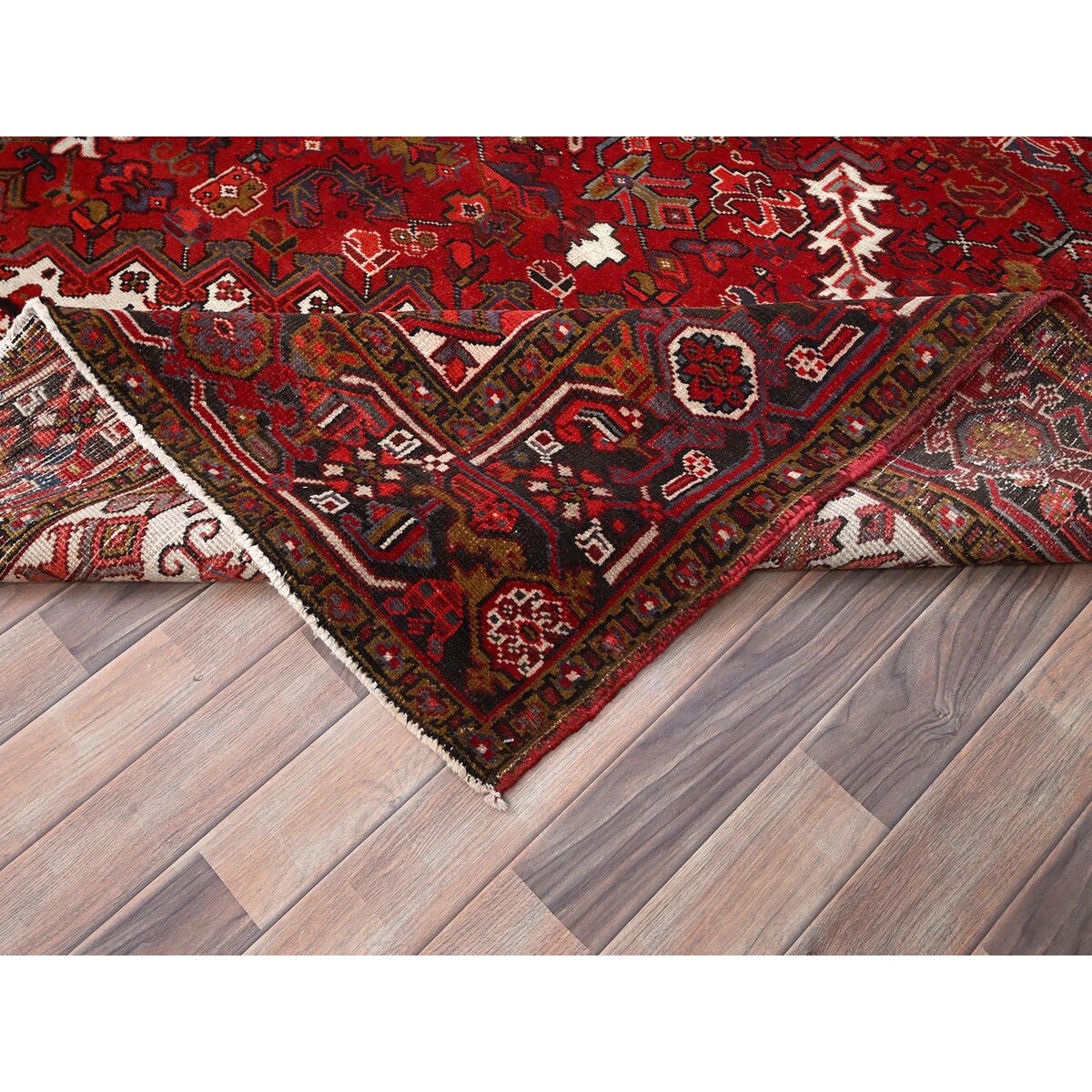 Shahbanu Rugs Cardinals Red Worn Wool Hand Knotted Semi Antique Persian Heriz Good Condition Rustic Look Rug (9'8" x 13'0")