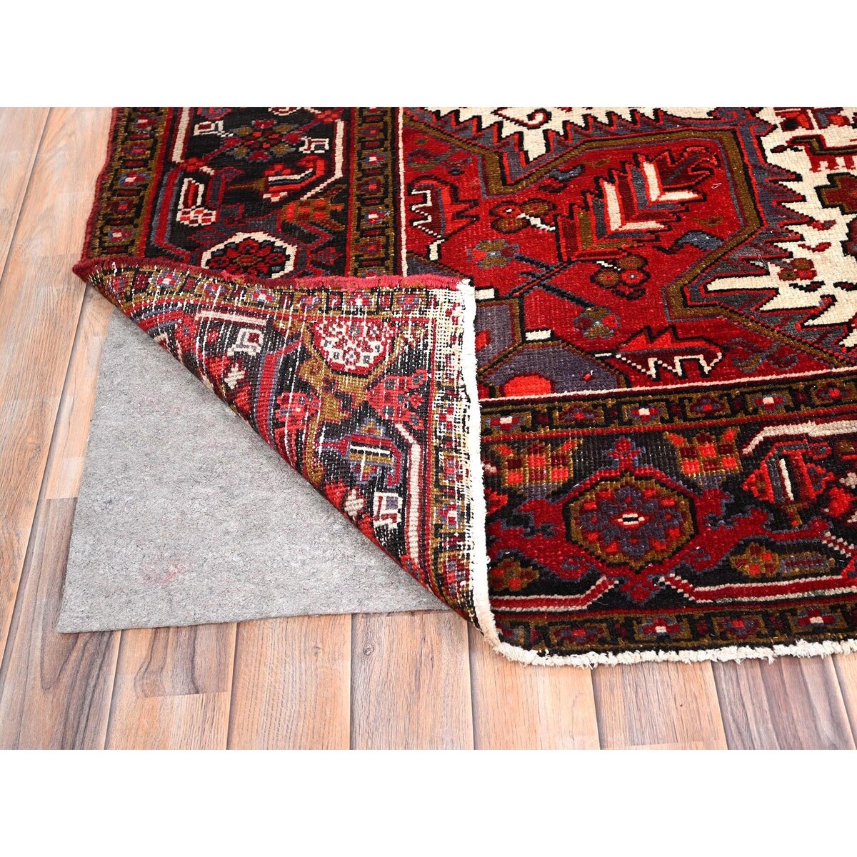 Shahbanu Rugs Cardinals Red Worn Wool Hand Knotted Semi Antique Persian Heriz Good Condition Rustic Look Rug (9'8" x 13'0")