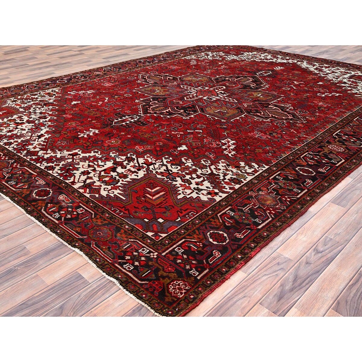 Shahbanu Rugs Cardinals Red Worn Wool Hand Knotted Semi Antique Persian Heriz Good Condition Rustic Look Rug (9'8" x 13'0")