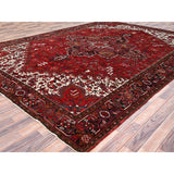 Shahbanu Rugs Cardinals Red Worn Wool Hand Knotted Semi Antique Persian Heriz Good Condition Rustic Look Rug (9'8" x 13'0")
