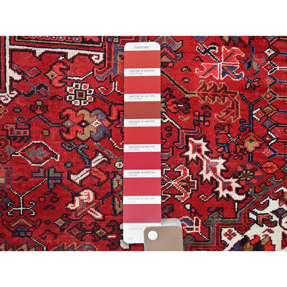 Shahbanu Rugs Cardinals Red Worn Wool Hand Knotted Semi Antique Persian Heriz Good Condition Rustic Look Rug (9'8" x 13'0")