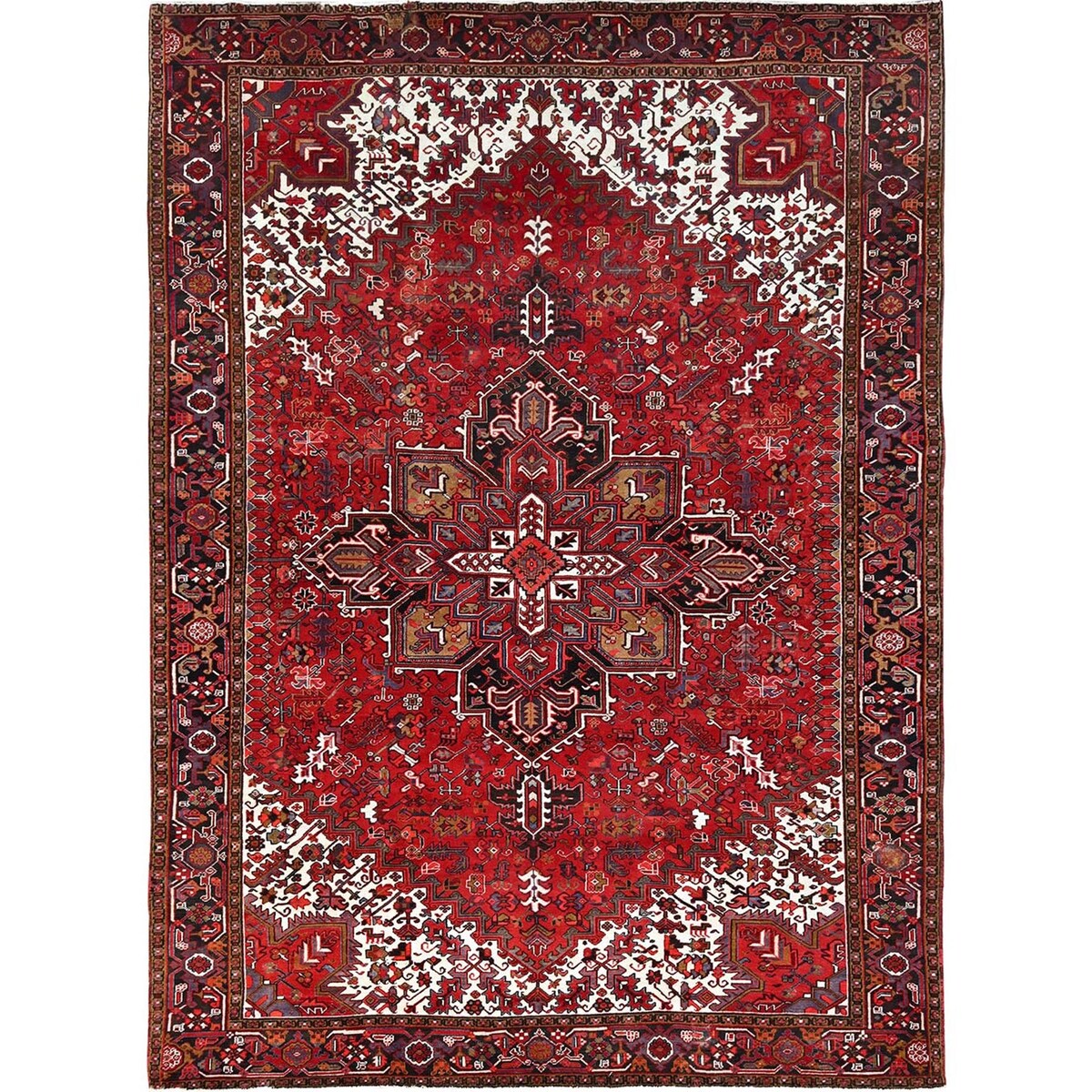 Shahbanu Rugs Cardinals Red Worn Wool Hand Knotted Semi Antique Persian Heriz Good Condition Rustic Look Rug (9'8" x 13'0")
