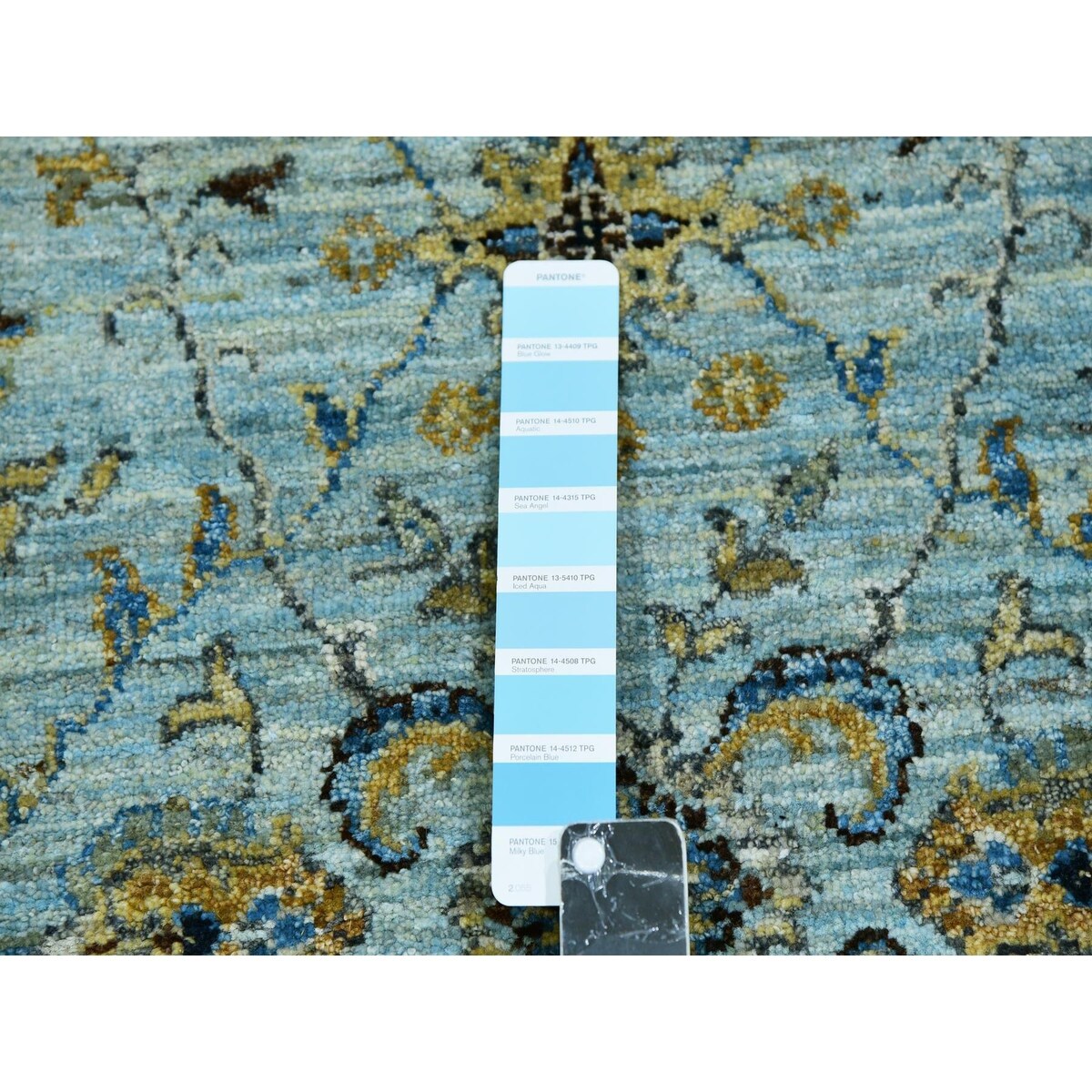 Shahbanu Rugs Celeste Blue Pure Wool Shah Abbas Floral Vein Design Hand Knotted XL Runner Oriental Agra Rug (2'8"x29'10")