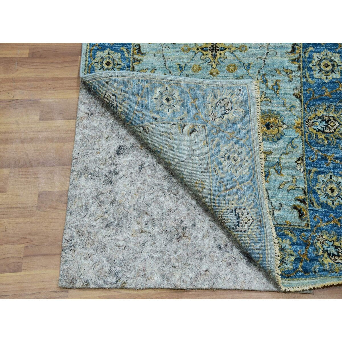 Shahbanu Rugs Celeste Blue Pure Wool Shah Abbas Floral Vein Design Hand Knotted XL Runner Oriental Agra Rug (2'8"x29'10")